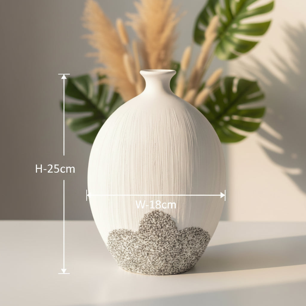 White & Silver Oval Textured Ceramic Vase – Modern Decorative Home Accent