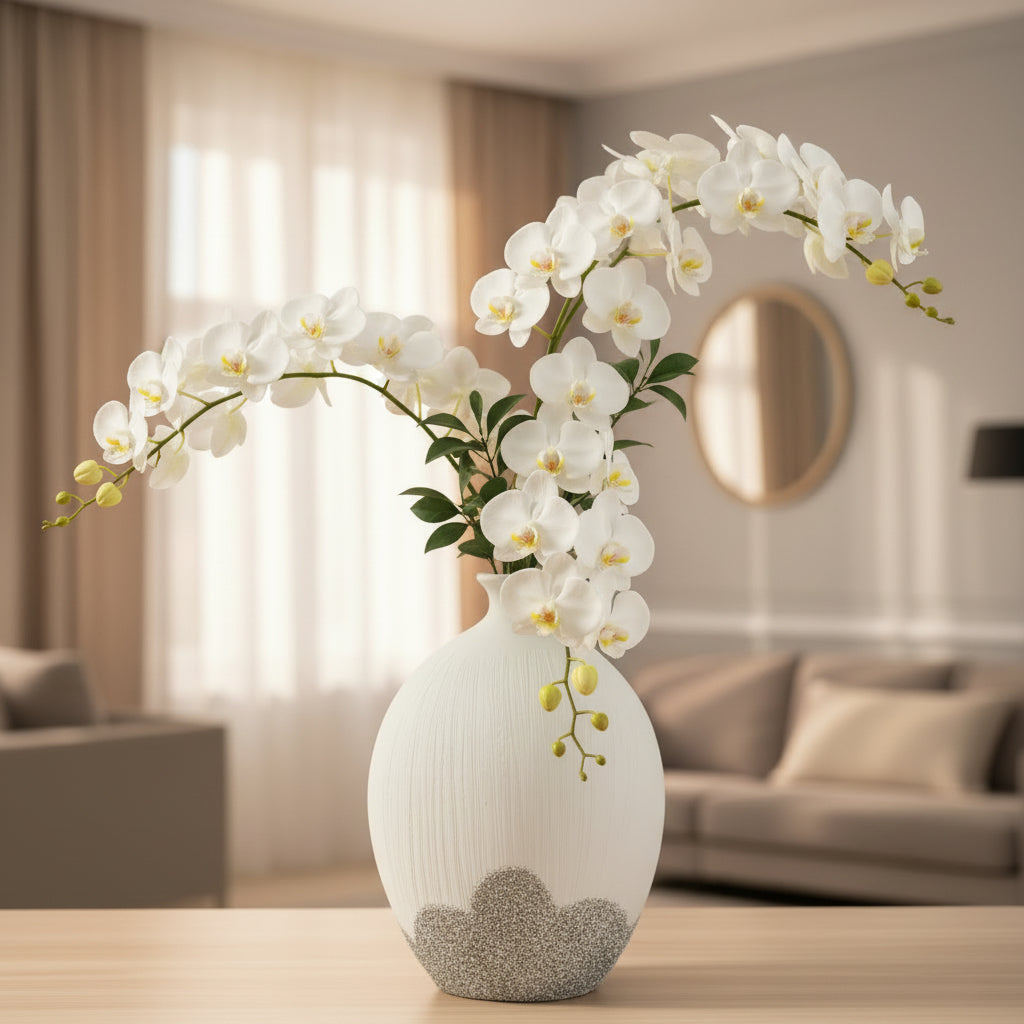 White & Silver Oval Textured Ceramic Vase – Modern Decorative Home Accent