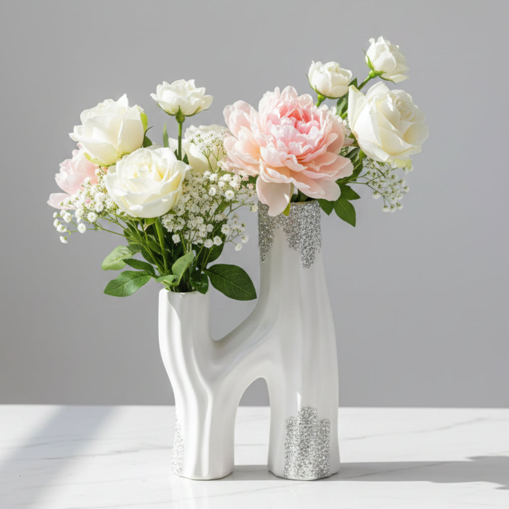White & Silver Abstract Multi-Spout Ceramic Vase – Modern Decorative Home Accent