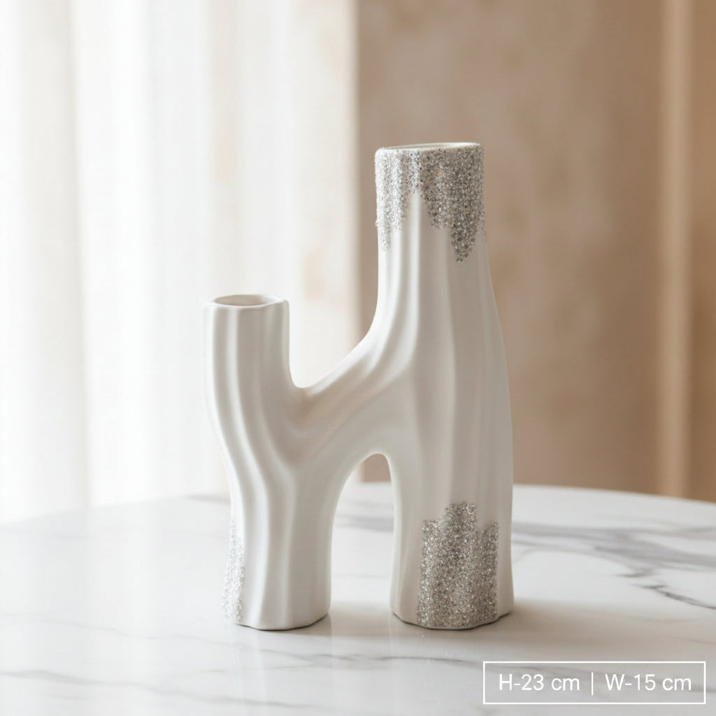 White & Silver Abstract Multi-Spout Ceramic Vase – Modern Decorative Home Accent
