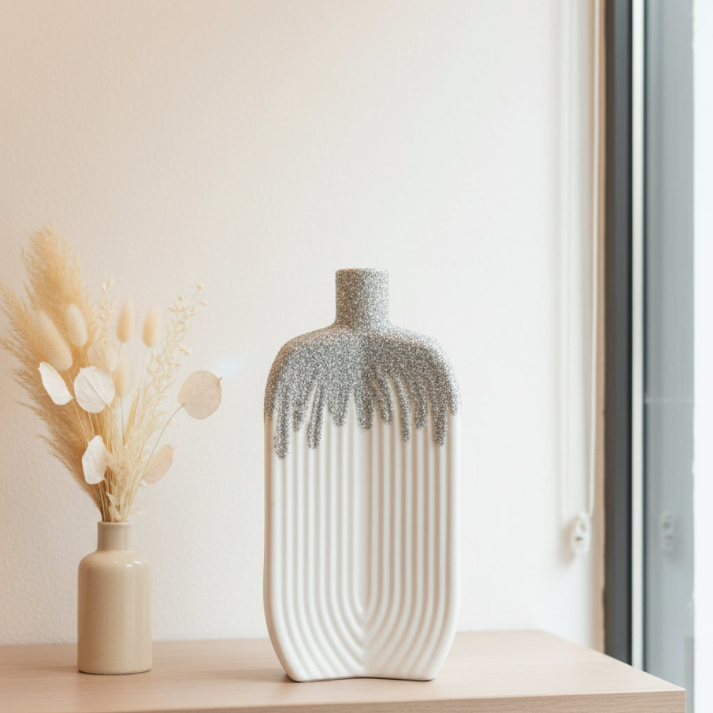 White & Silver Drip-Design Decorative Ceramic Vase – Modern Elegant Home Accent