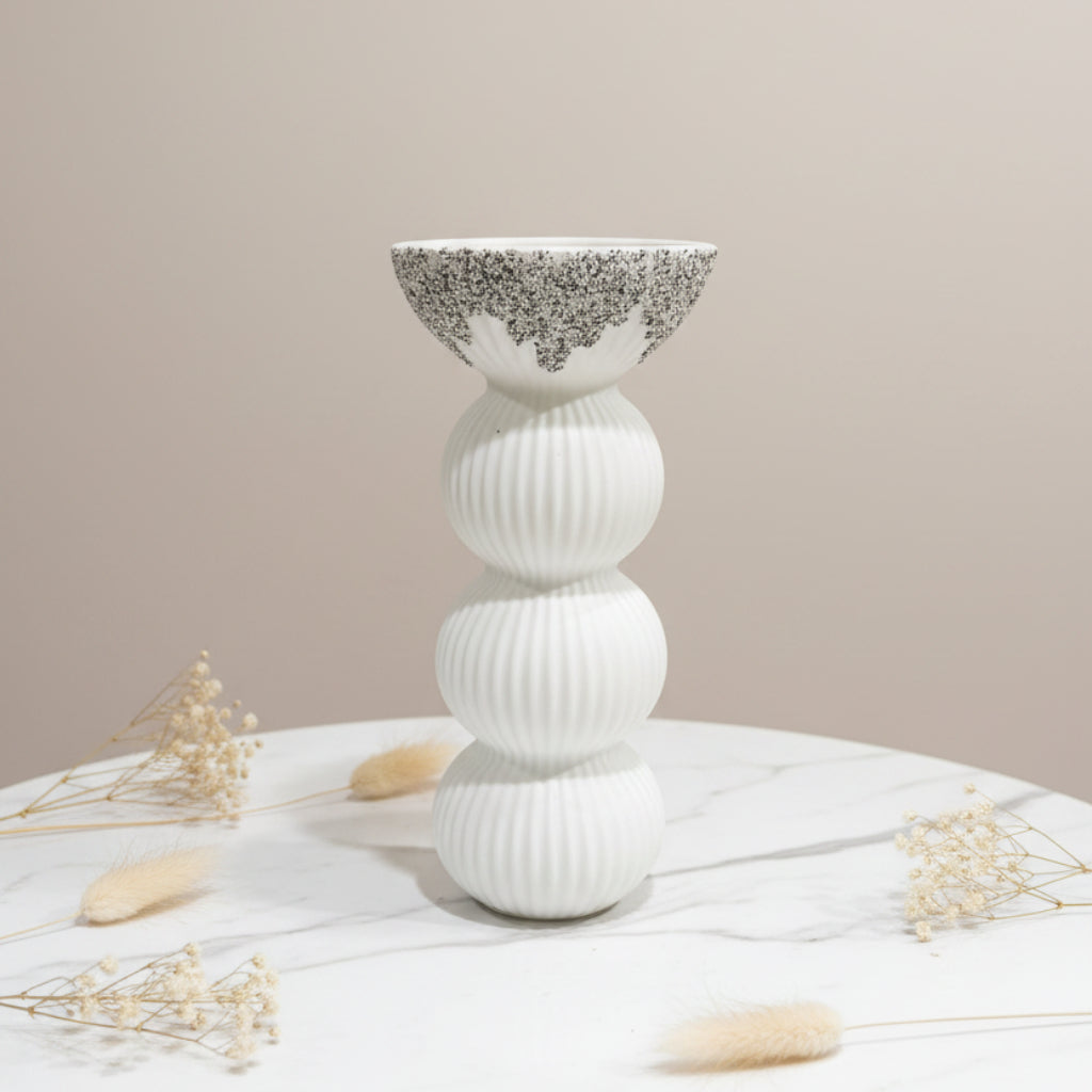 White & Silver Stacked Spheres Decorative Ceramic Vase – Modern Sculptural Home Accent