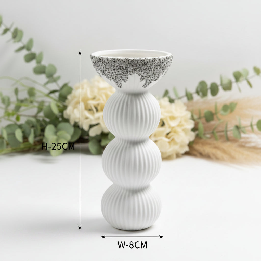 White & Silver Stacked Spheres Decorative Ceramic Vase – Modern Sculptural Home Accent