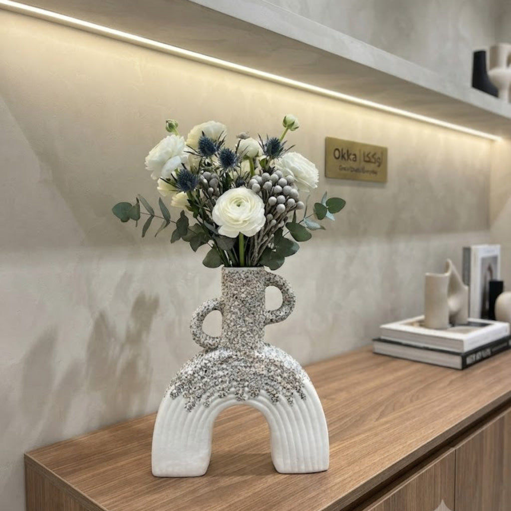 White & Grey Textured Arch Ceramic Vase with Handle Accents – Modern Decorative Home Accent