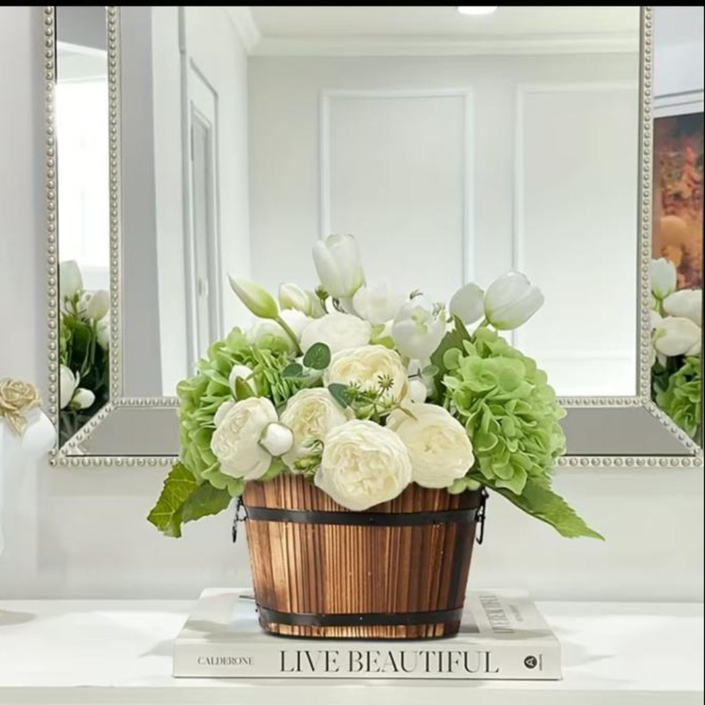 Rustic Wooden Barrel Flower Pot & Decorative Plant Planter