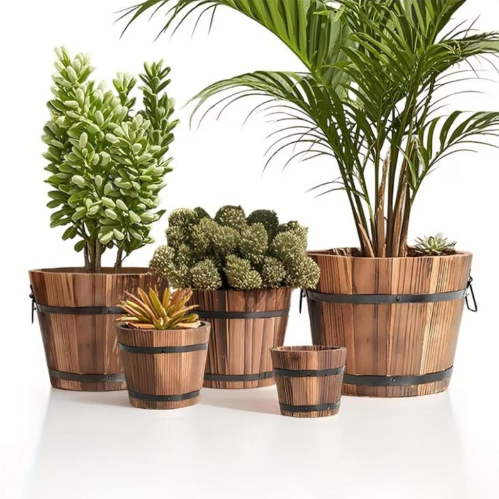 Rustic Wooden Barrel Flower Pot & Decorative Plant Planter