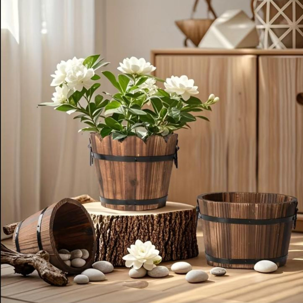 Rustic Wooden Barrel Flower Pot & Decorative Plant Planter