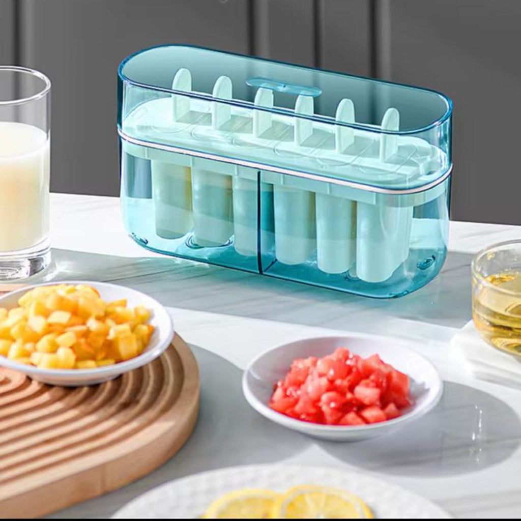 Blue 6-Grid Plastic Ice Cube Tray with Lid – Easy Release Ice Mold for Freezer