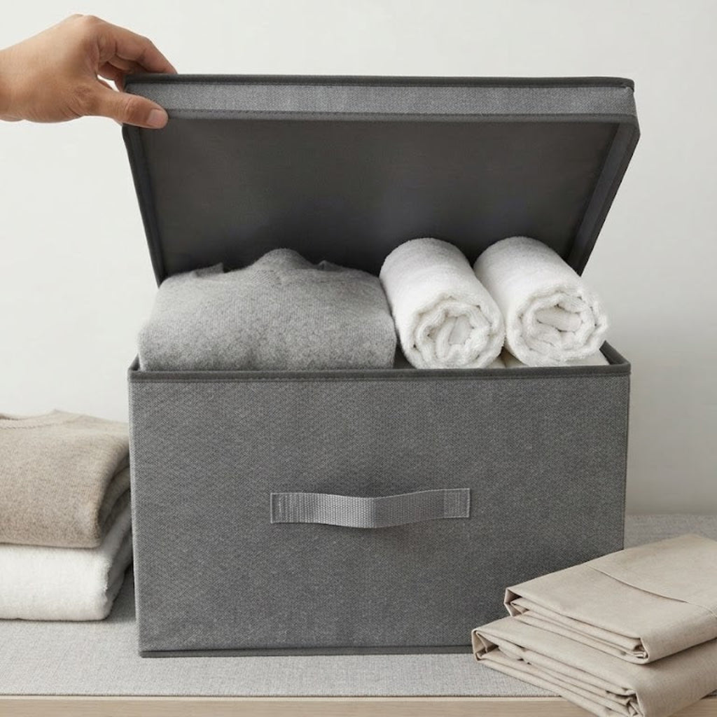 Foldable Storage Box – Collapsible Organizer Bin for Clothes, Blankets & Home Storage (Cream & Grey)