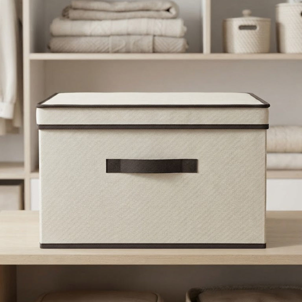 Foldable Storage Box – Collapsible Organizer Bin for Clothes, Blankets & Home Storage (Cream & Grey)