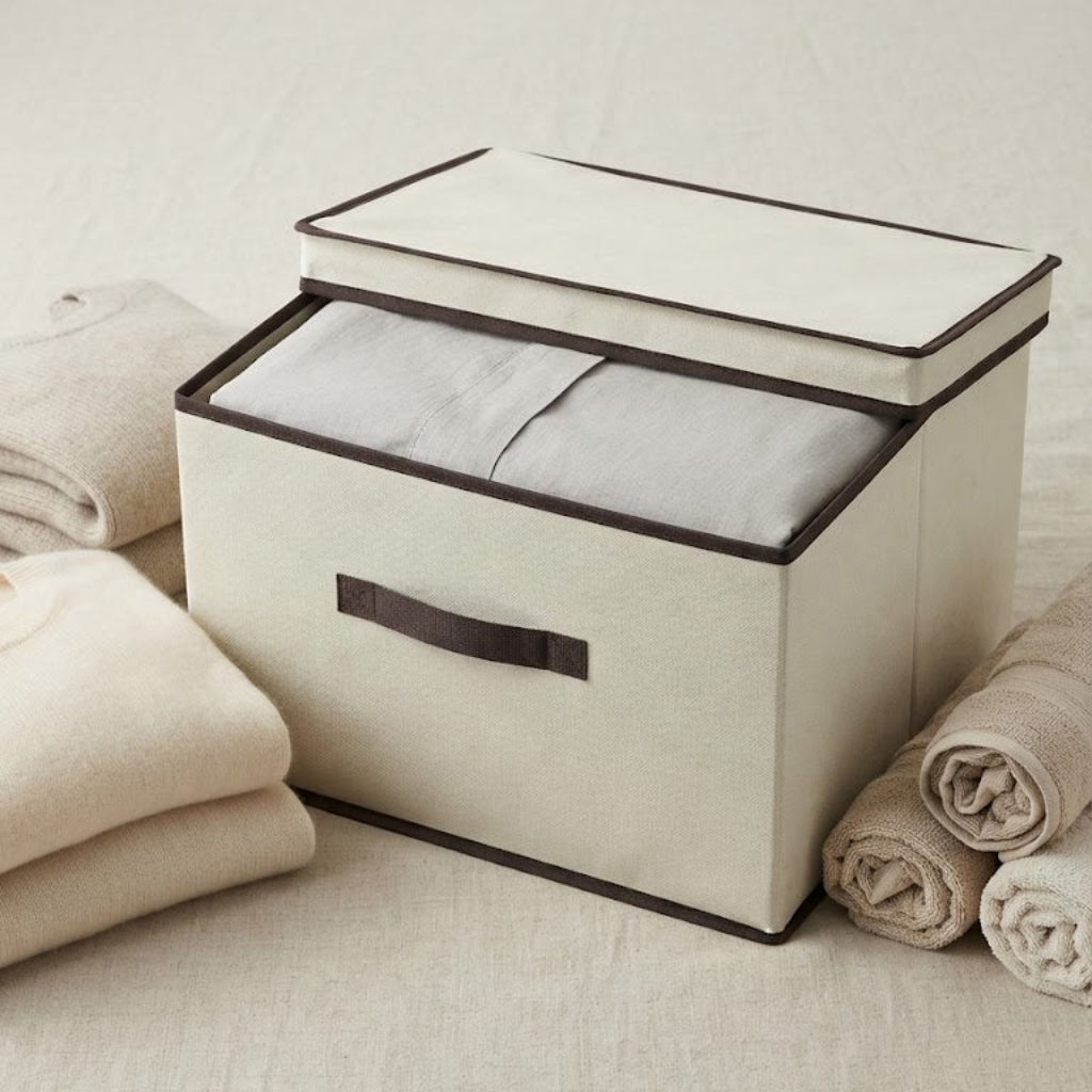 Foldable Storage Box – Collapsible Organizer Bin for Clothes, Blankets & Home Storage (Cream & Grey)