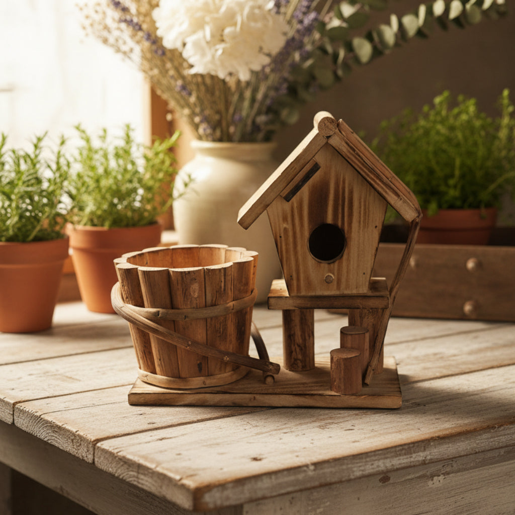 Home Design Wooden Bucket Flower Pot – Rustic Decorative Planter for Home & Garden