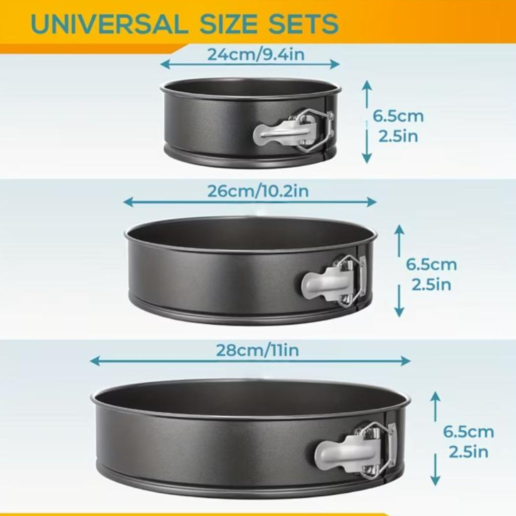 3-Piece Non-Stick Springform Cake Pan Set with Removable Bottoms and Quick-Release Latches for Baking, Tiered Cakes and Cheesecakes