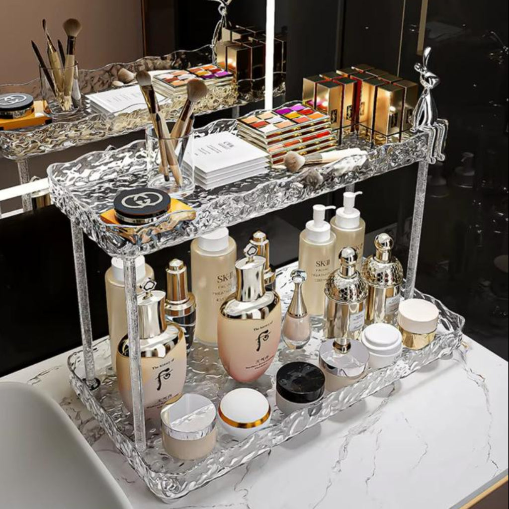 2-Tier Acrylic Cosmetic Organizer with Ripple Design – Minimalist Makeup & Skincare Storage Stand
