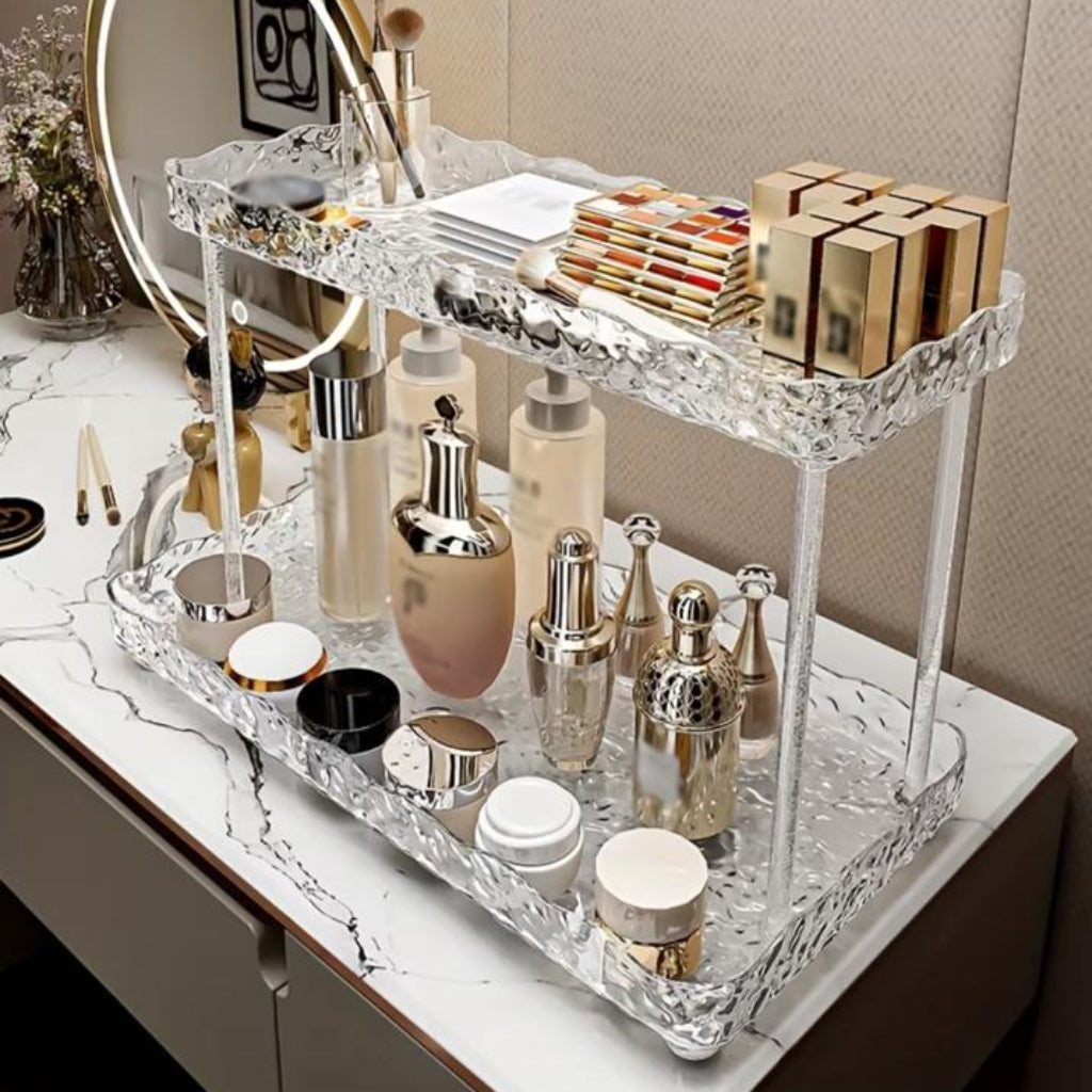 2-Tier Acrylic Cosmetic Organizer with Ripple Design – Minimalist Makeup & Skincare Storage Stand