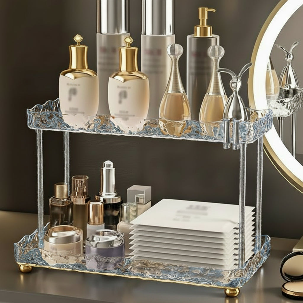 2-Tier Acrylic Cosmetic Organizer with Ripple Design – Minimalist Makeup & Skincare Storage Stand