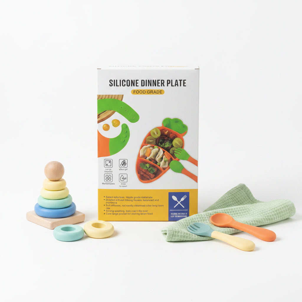 Silicone Dinner Plate Set with Bib & Spoon – Baby Feeding Set
