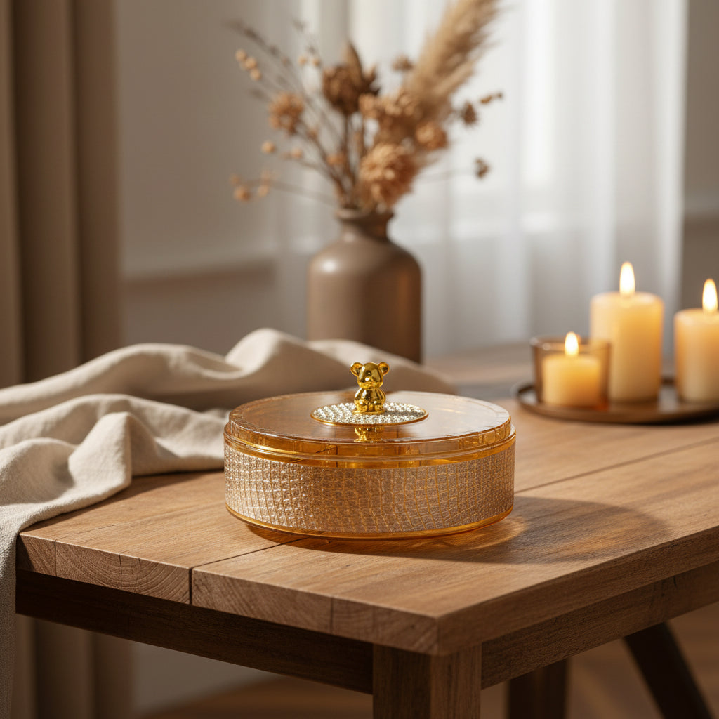 Luxury Crystal Decorative Storage Box – 360° Rotating Round Multi-Purpose Organizer