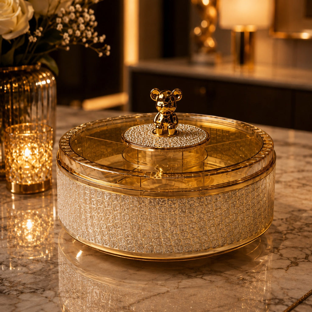 Luxury Crystal Decorative Storage Box – 360° Rotating Round Multi-Purpose Organizer