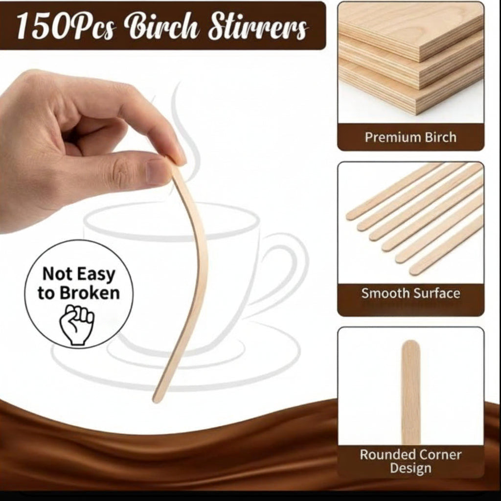 150-Piece Bamboo Coffee Stirrer Sticks – Disposable Wooden Drink Stirrers