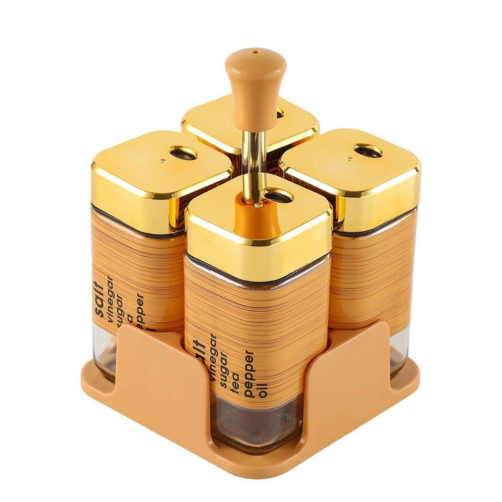 4-Piece Condiment & Spice Jar Set with Rack and Gold Lids