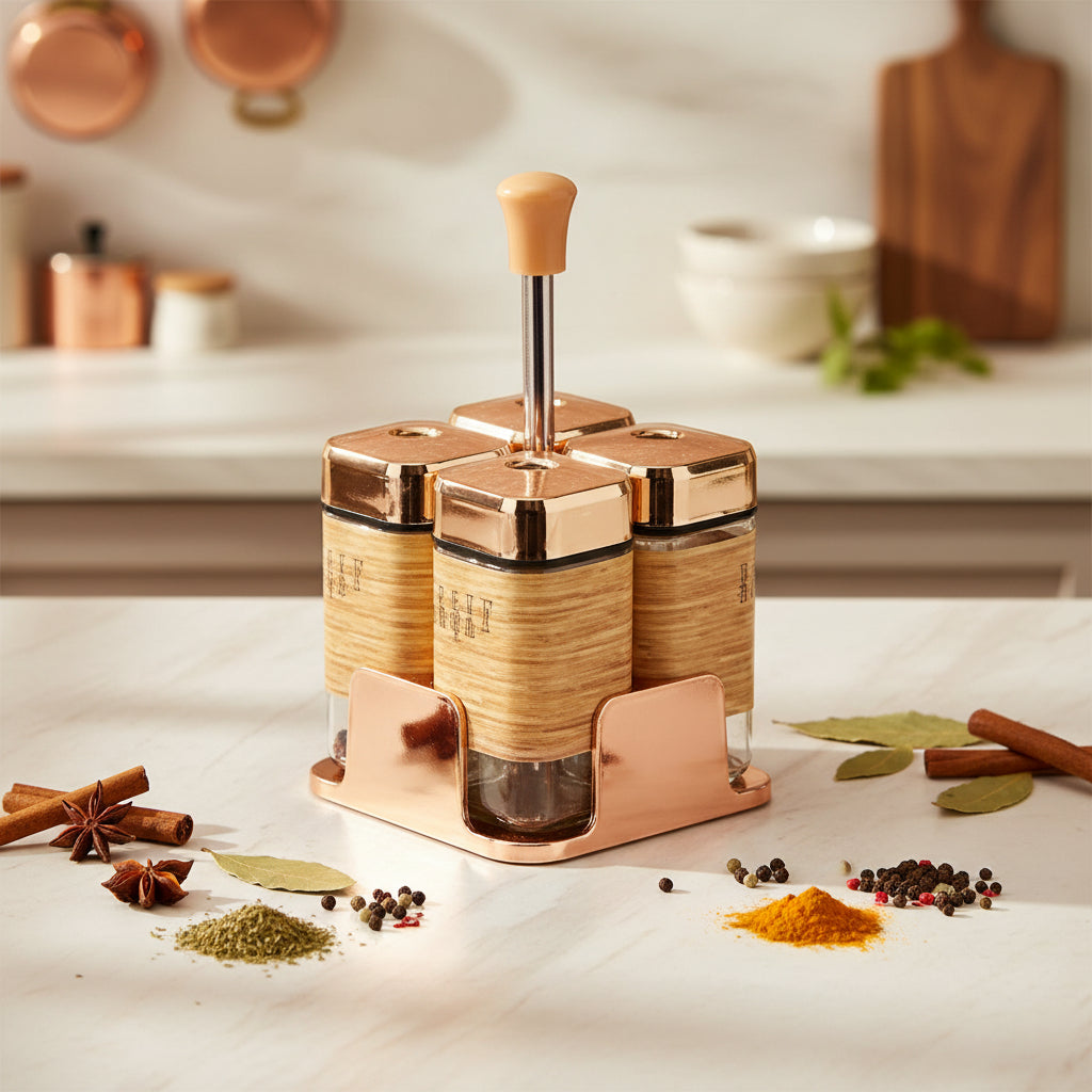 4-Piece Condiment & Spice Jar Set with Rack and Gold Lids