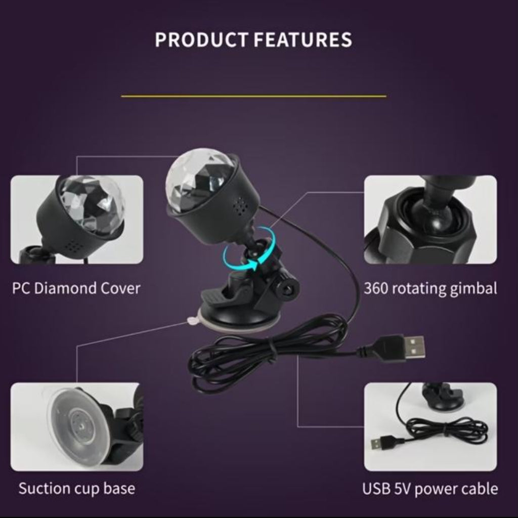 360° Rotating Diamond LED Projector with Suction Cup Base & USB Power