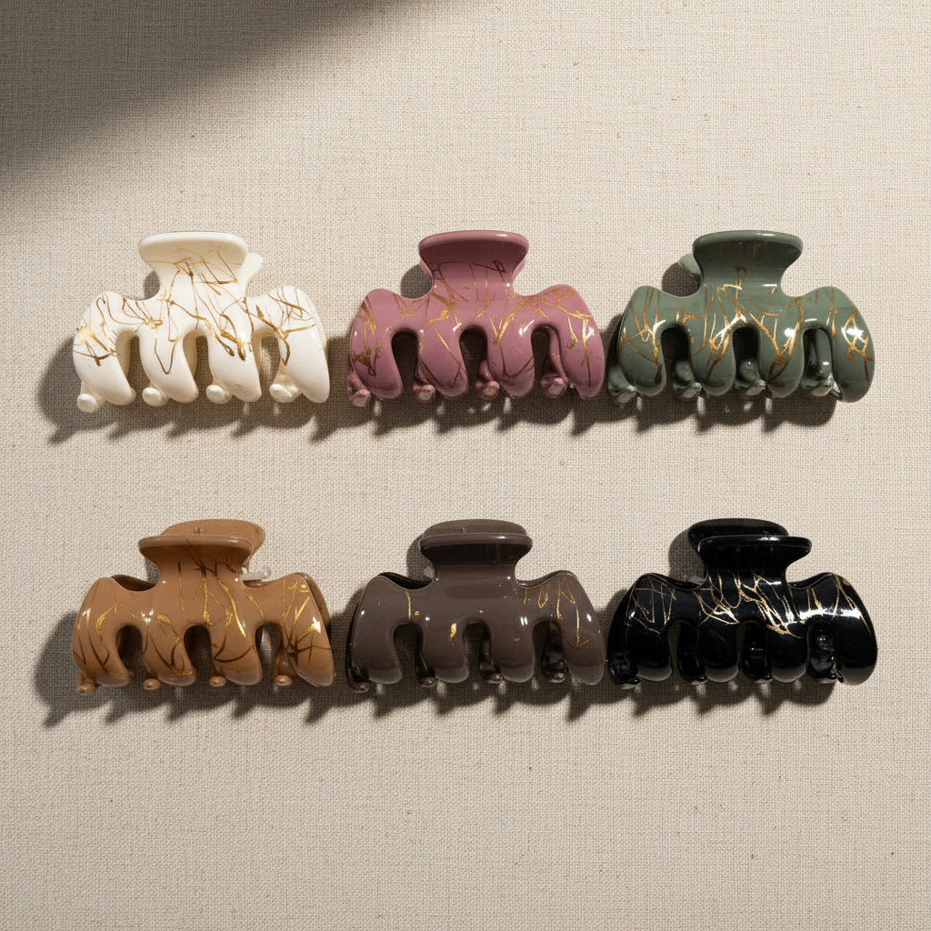 Gold-Vein Marble Hair Claw Clips Set – 6-Piece