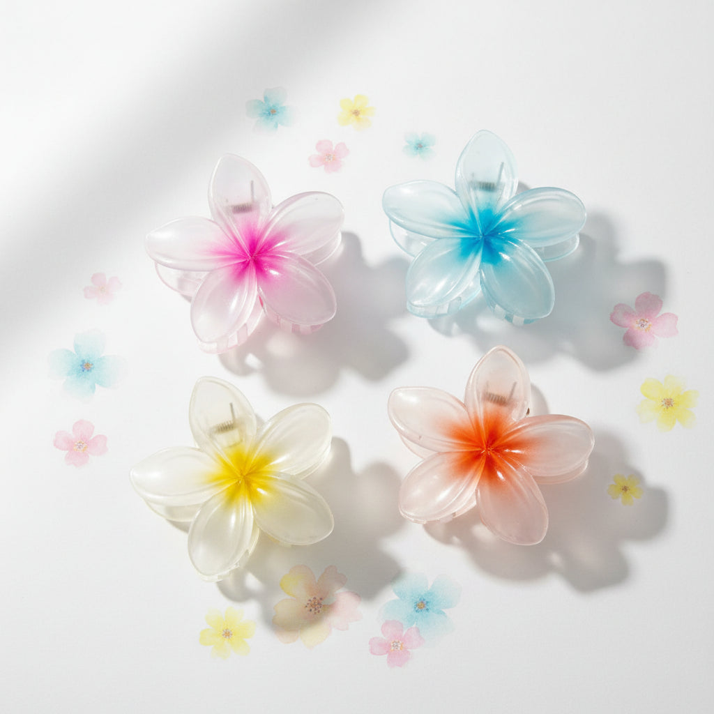 Flower-Shaped Translucent Plumeria Hair Claw Clips – 4-Piece