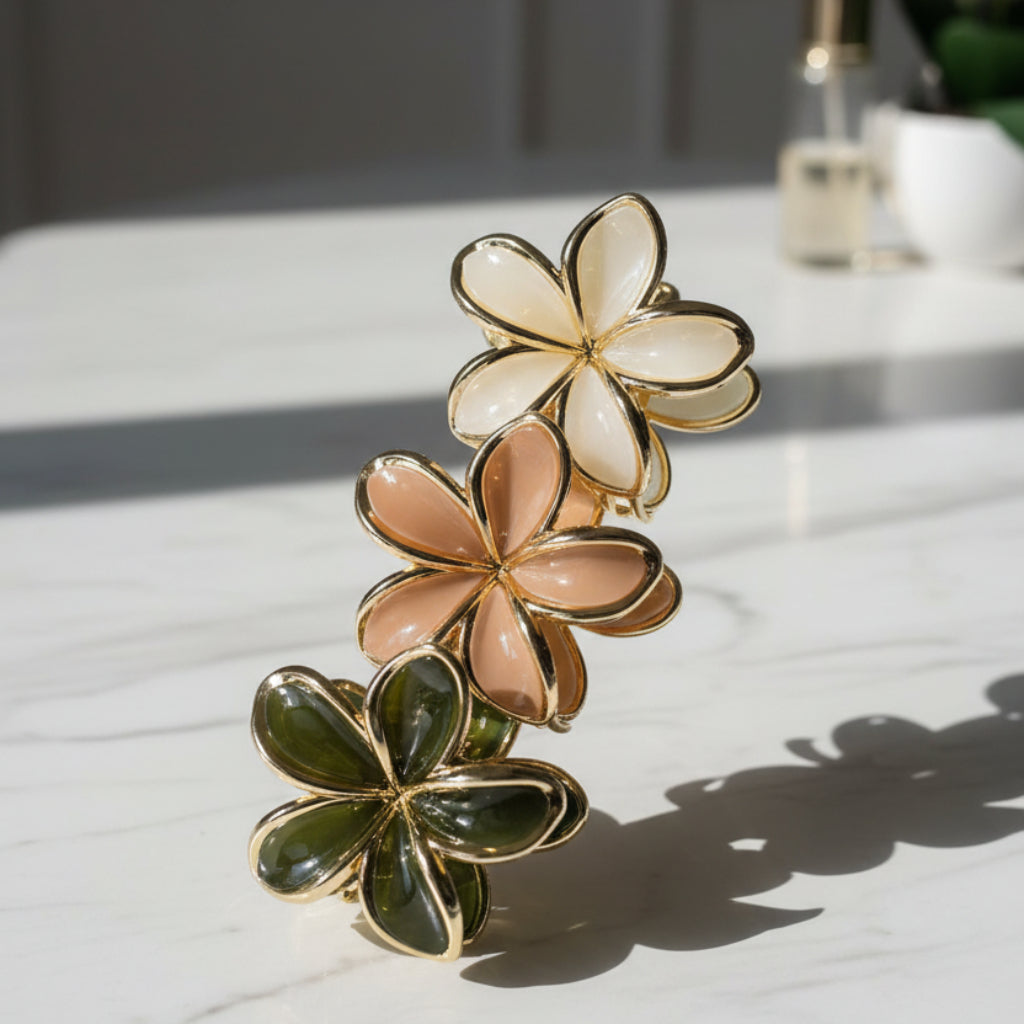 Gold-Trimmed Flower Hair Claw Clips Set – 3-Piece
