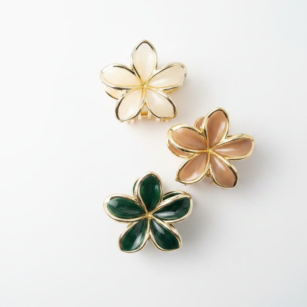 Gold-Trimmed Flower Hair Claw Clips Set – 3-Piece