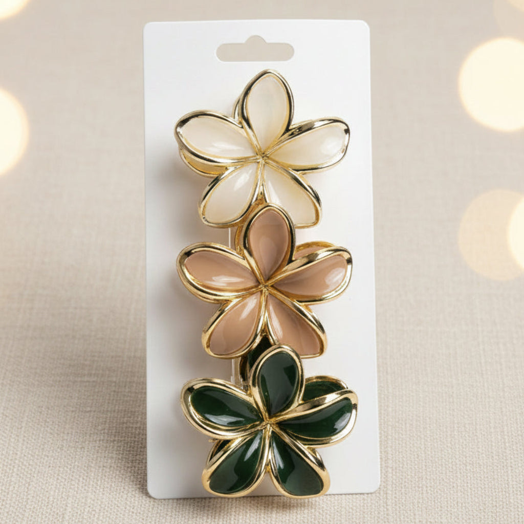 Gold-Trimmed Flower Hair Claw Clips Set – 3-Piece