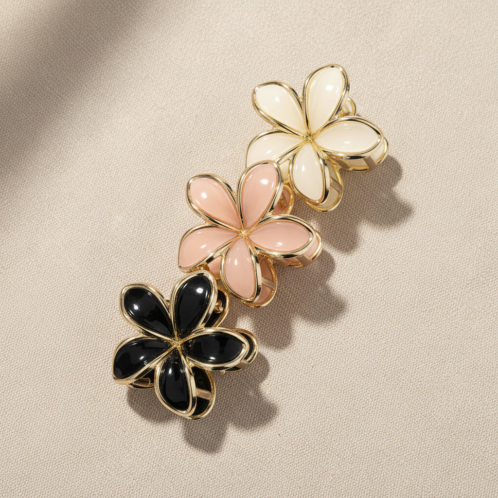 Gold-Trimmed Flower Hair Claw Clips Set – 3-Piece
