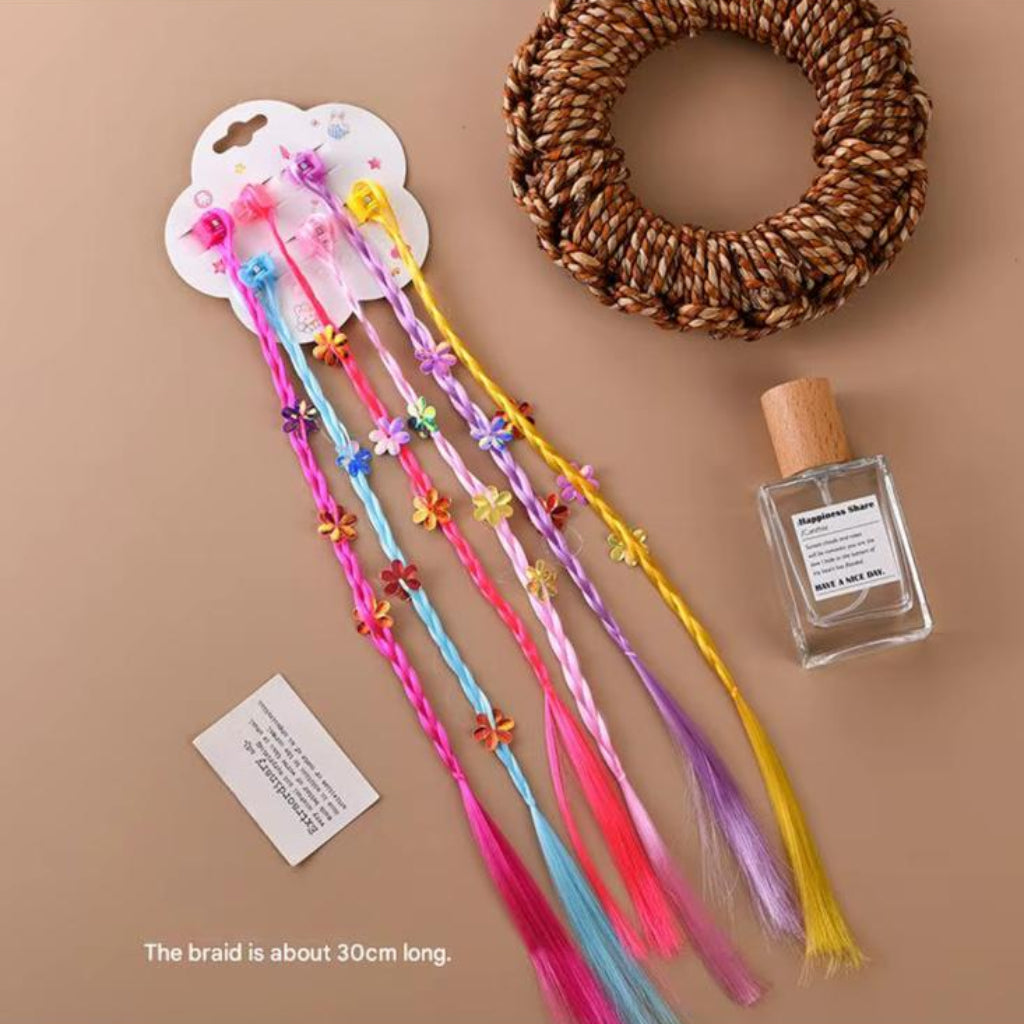 Colorful Braided Hair Extensions with Mini Flower Claw Clips – 6-Piece