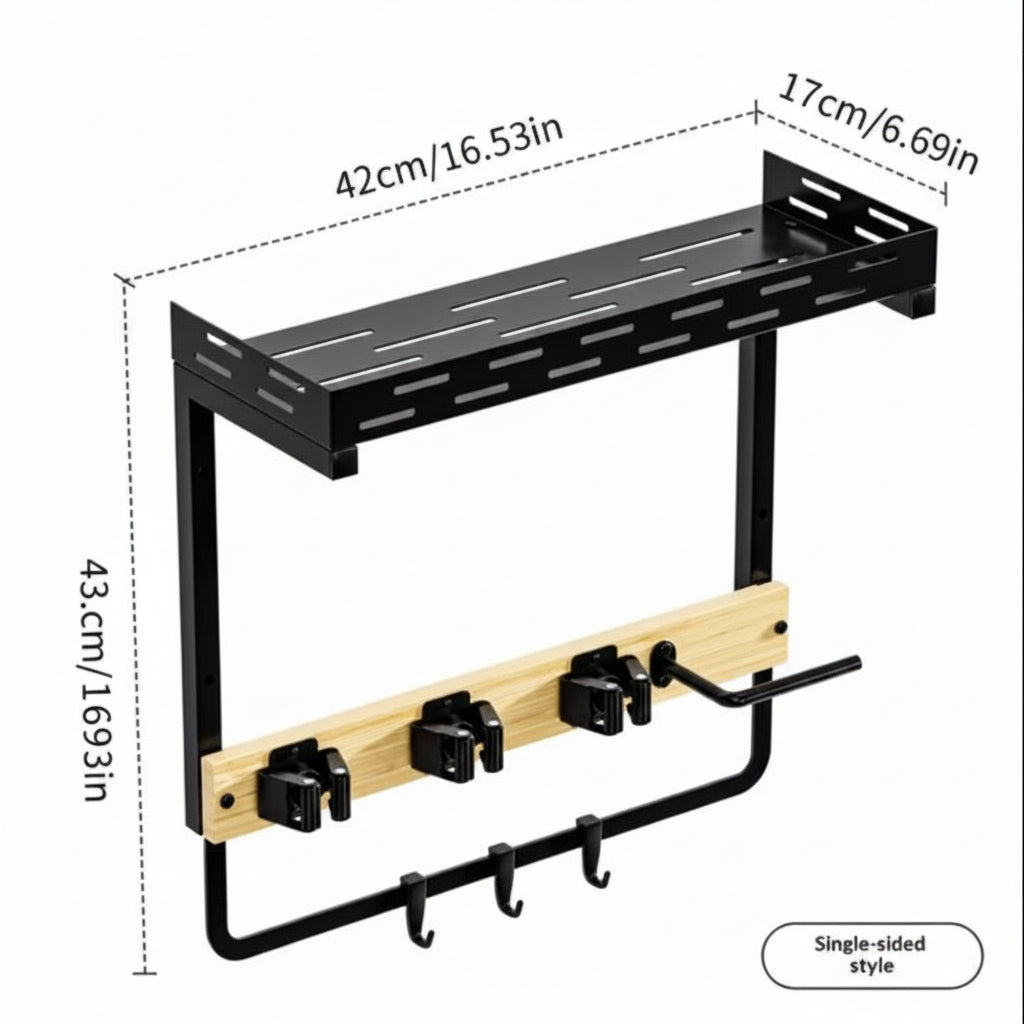 Wall-Mounted Broom & Mop Storage Rack – Wooden & Metal Organizer