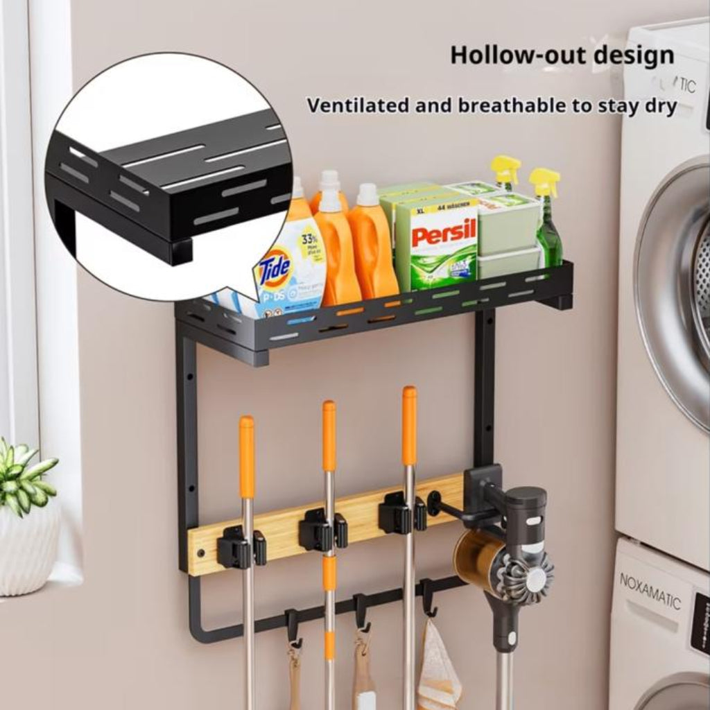 Wall-Mounted Broom & Mop Storage Rack – Wooden & Metal Organizer