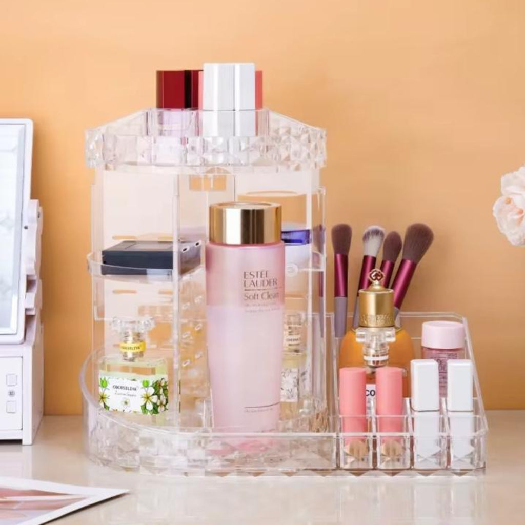 360° Rotating Clear Acrylic Makeup Organizer & Cosmetics Storage Stand