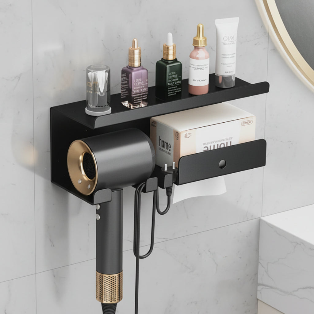 Multifunctional Metal Wall-Mounted Hair Dryer Holder & Bathroom Storage Shelf