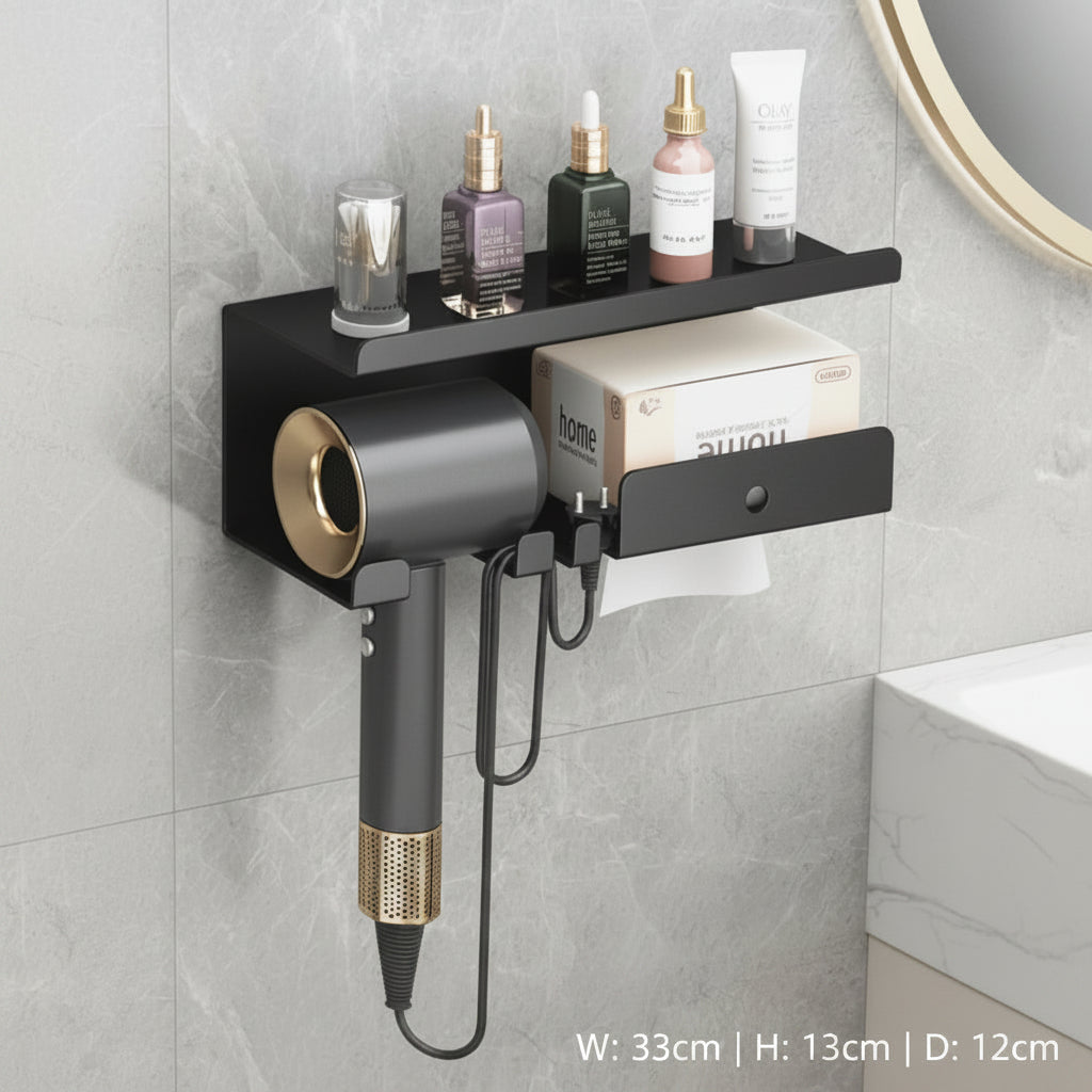 Multifunctional Metal Wall-Mounted Hair Dryer Holder & Bathroom Storage Shelf