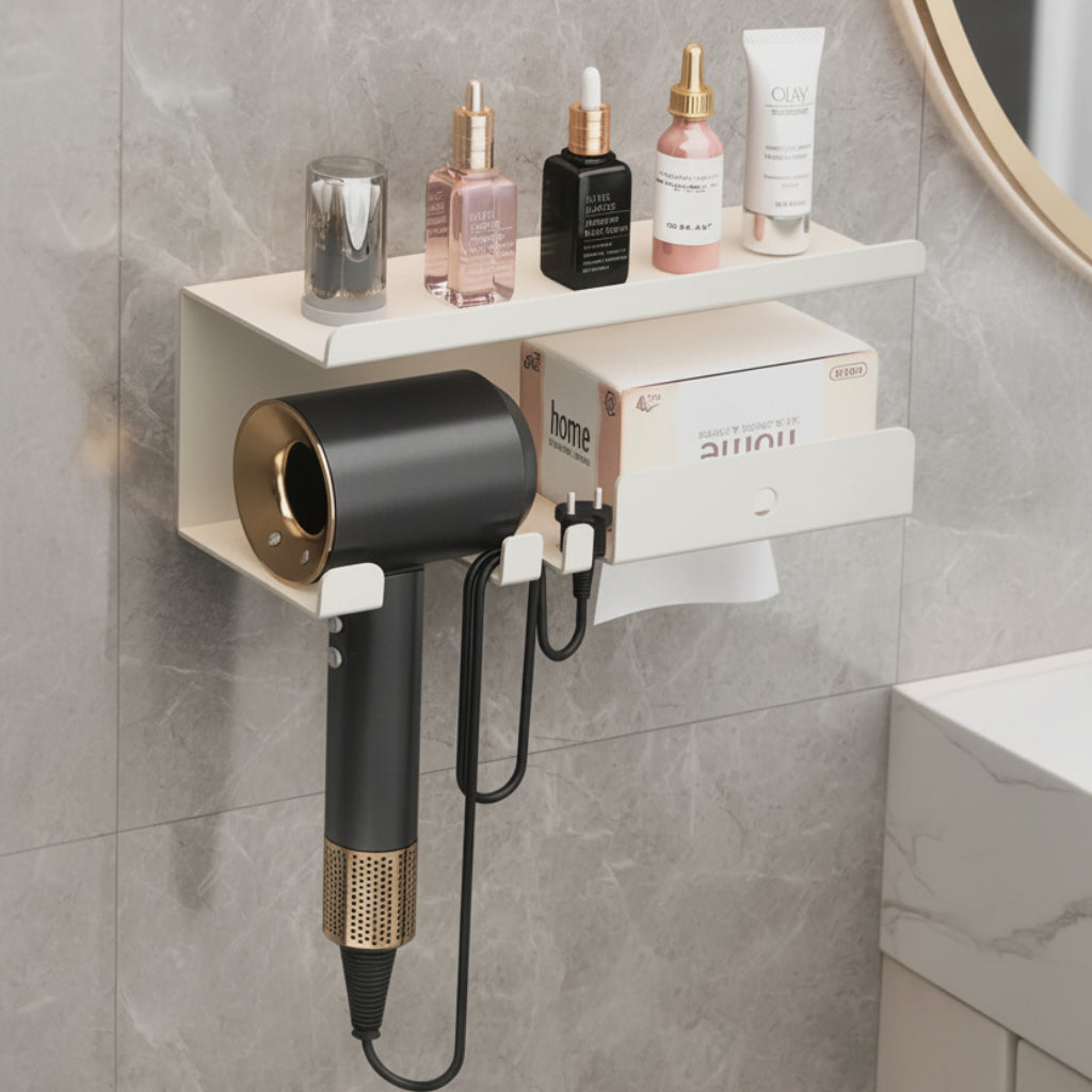 Multifunctional Metal Wall-Mounted Hair Dryer Holder & Bathroom Storage Shelf