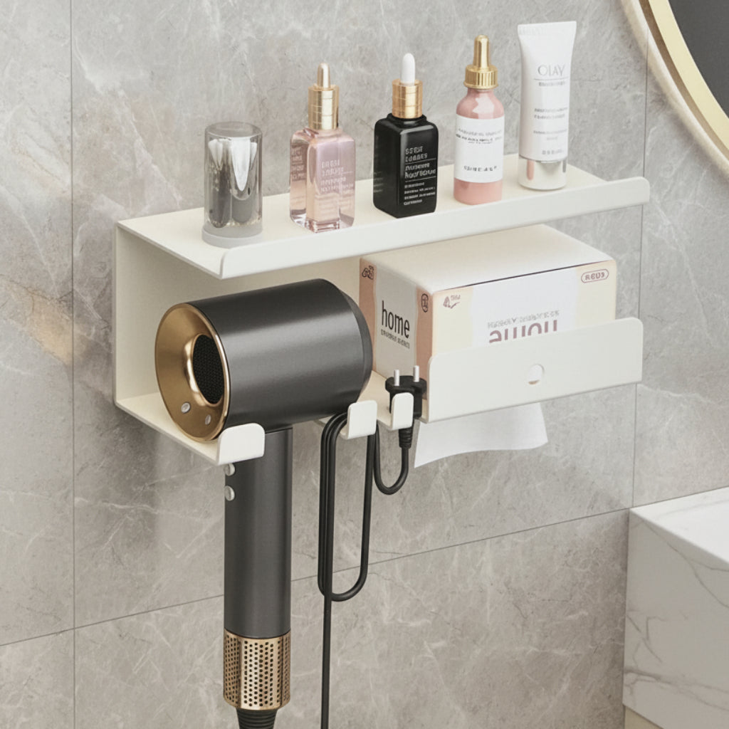 Multifunctional Metal Wall-Mounted Hair Dryer Holder & Bathroom Storage Shelf