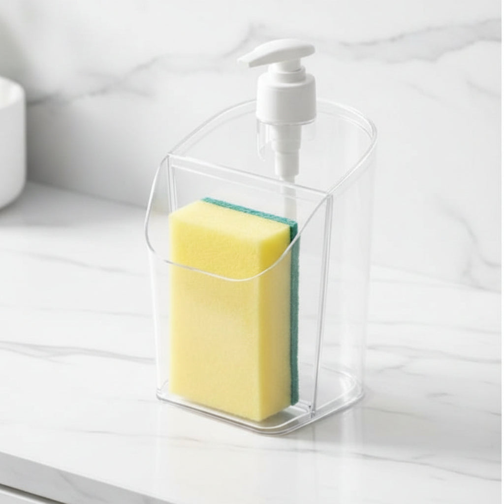 2-in-1 Clear Soap Dispenser with Built-In Sponge Holder for Kitchen Sink