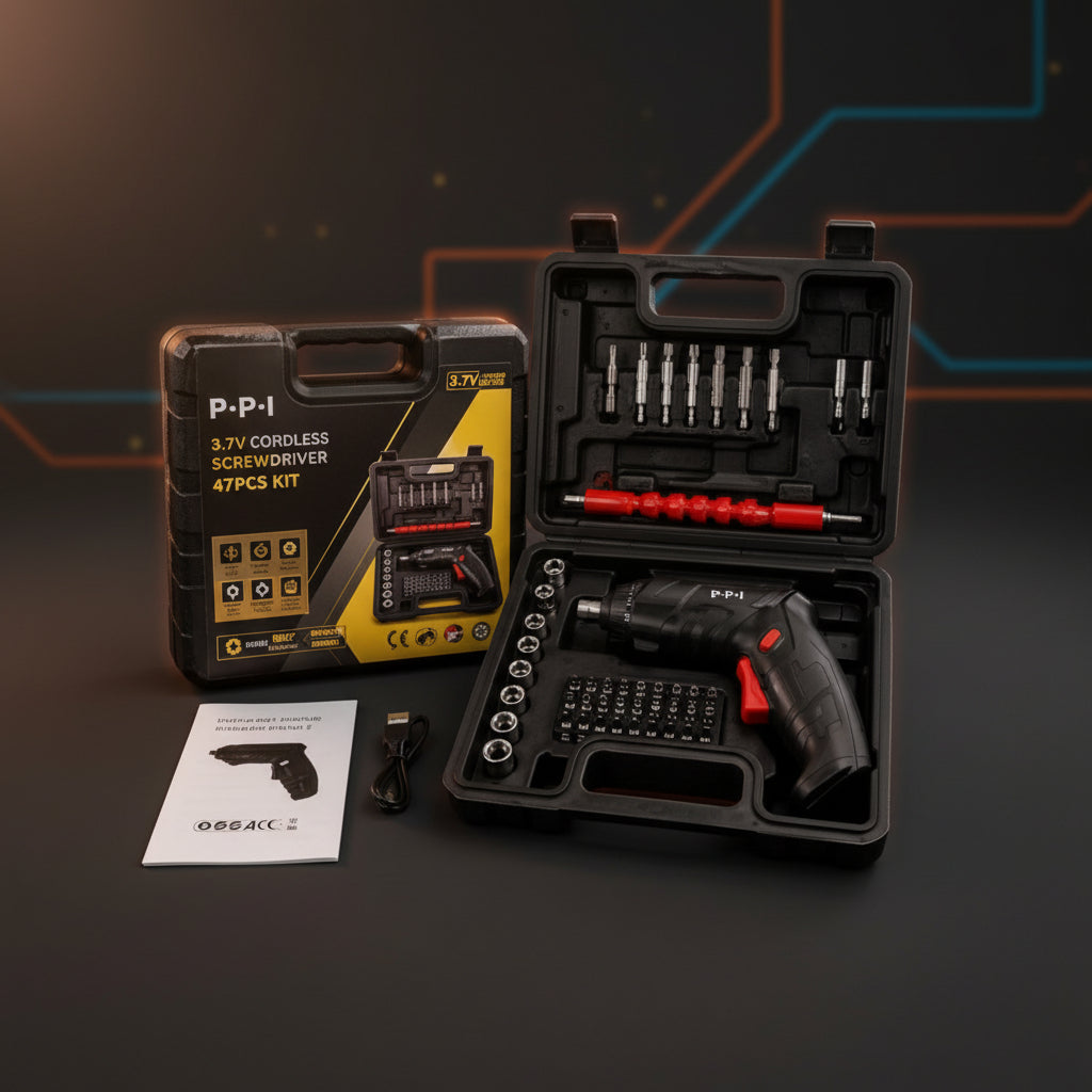 47-Piece 3.7V Cordless Rechargeable Screwdriver Kit – Portable Power Tool Set