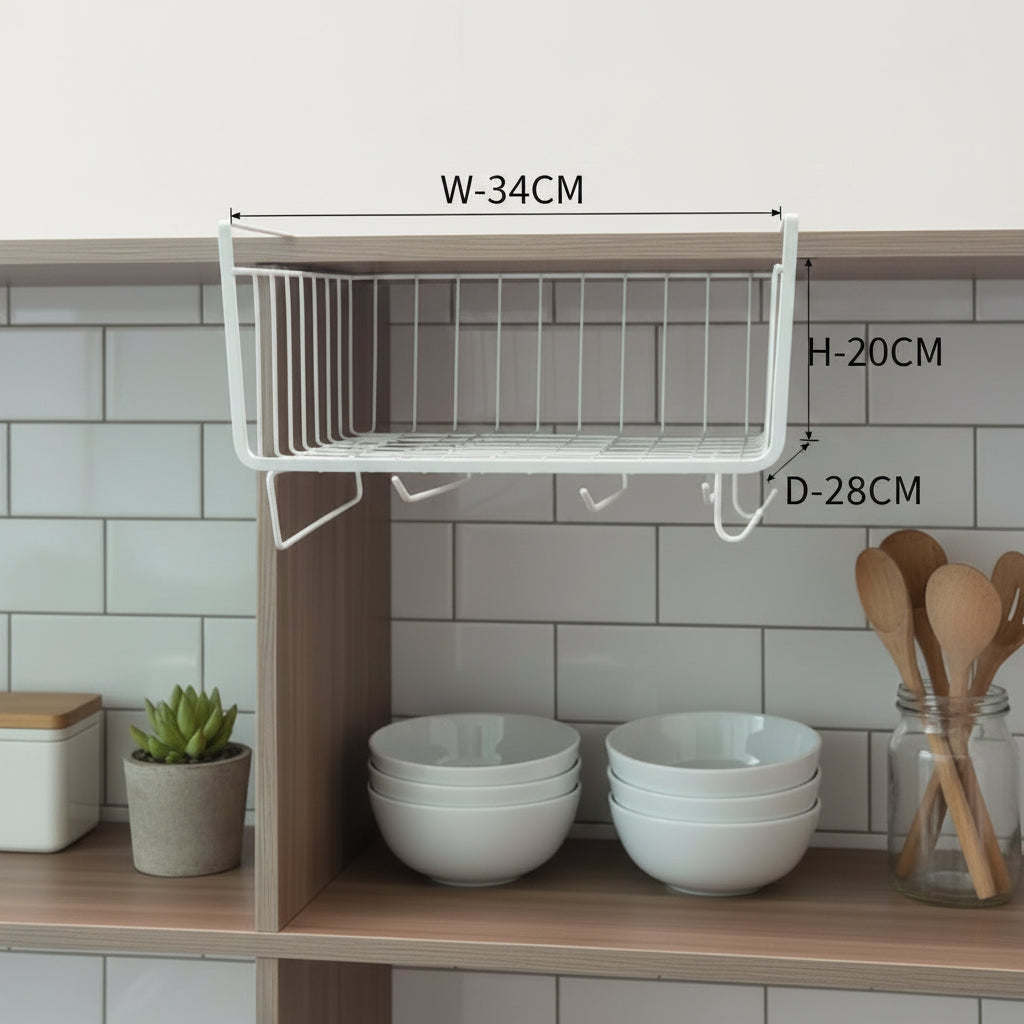 Under-Shelf Wire Storage Basket with Hooks – Hanging Cabinet Organizer