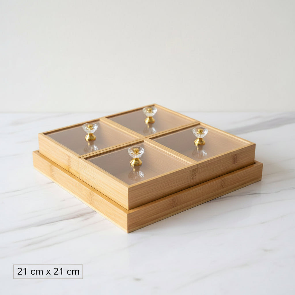 Wooden 4-Grid Dry Fruit & Snack Box with Clear Lids and Crystal Knobs