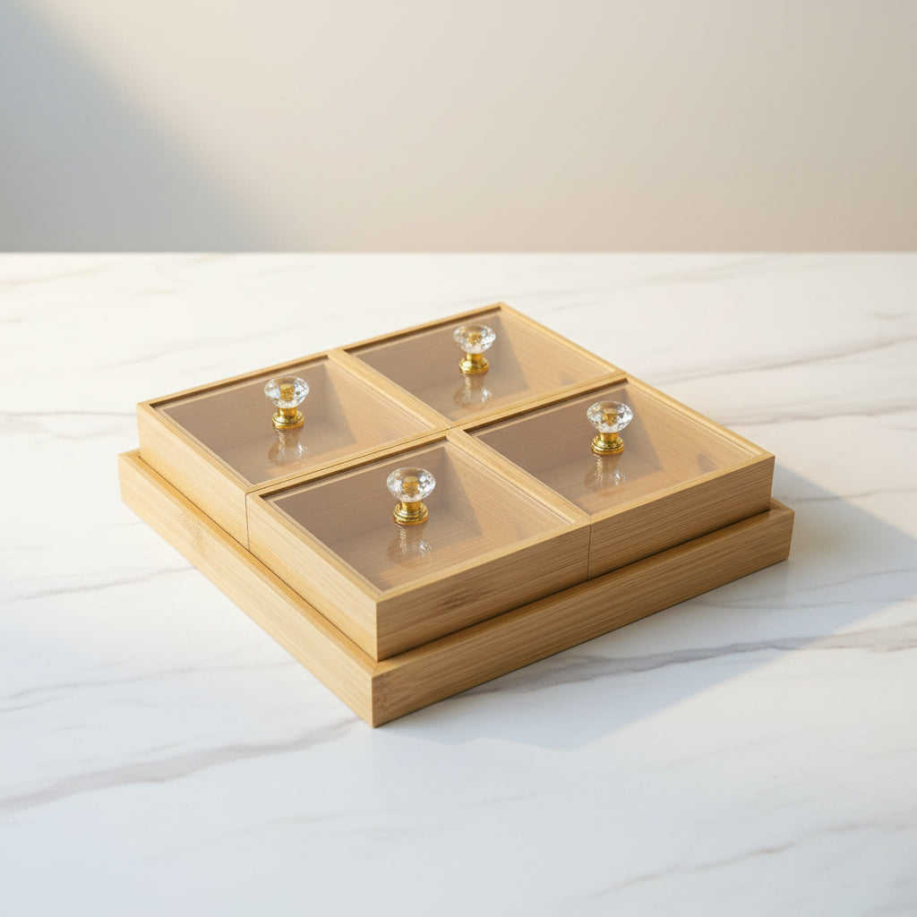 Wooden 4-Grid Dry Fruit & Snack Box with Clear Lids and Crystal Knobs