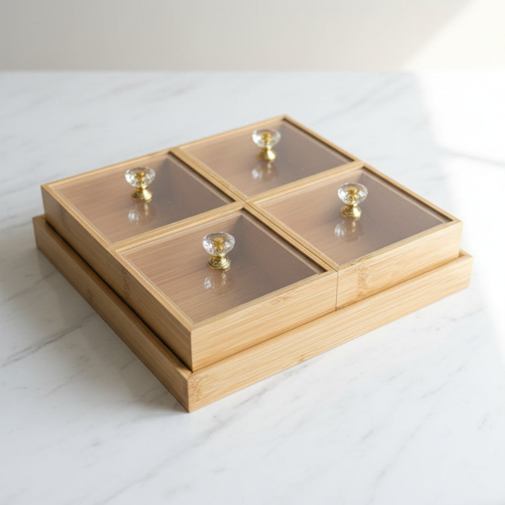 Wooden 4-Grid Dry Fruit & Snack Box with Clear Lids and Crystal Knobs