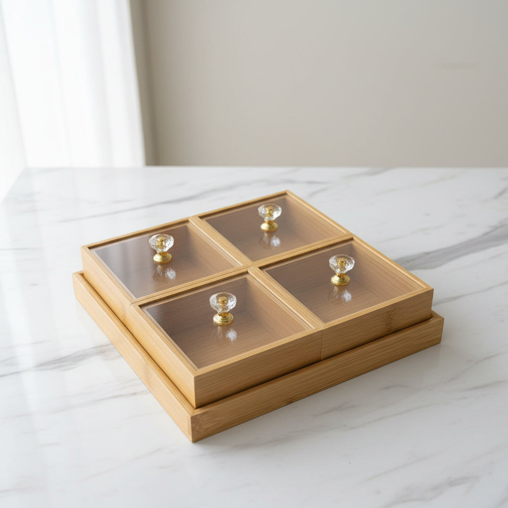 Wooden 4-Grid Dry Fruit & Snack Box with Clear Lids and Crystal Knobs