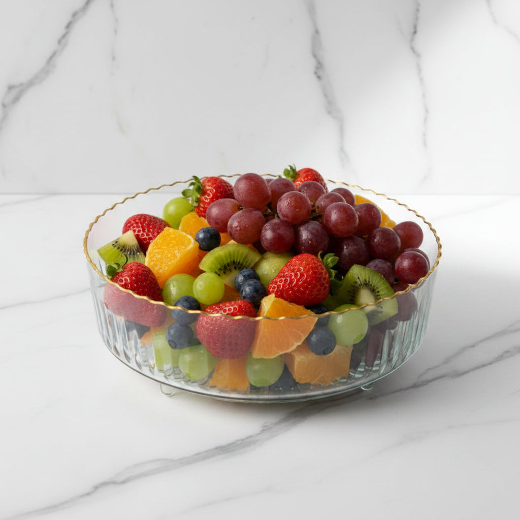 360-Degree Rotating Ribbed Clear Plastic Fruit Bowl with Gold Rim – Decorative Serving Bowl