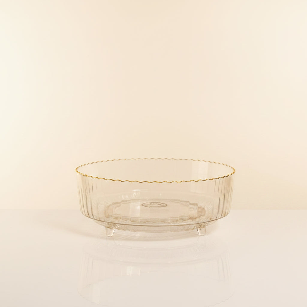 360-Degree Rotating Ribbed Clear Plastic Fruit Bowl with Gold Rim – Decorative Serving Bowl